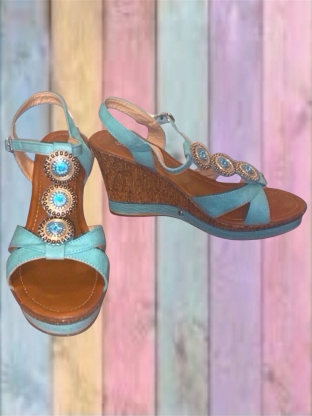 Patrizia Mint Green Embellished T-Strap Wedge Heel Sandals